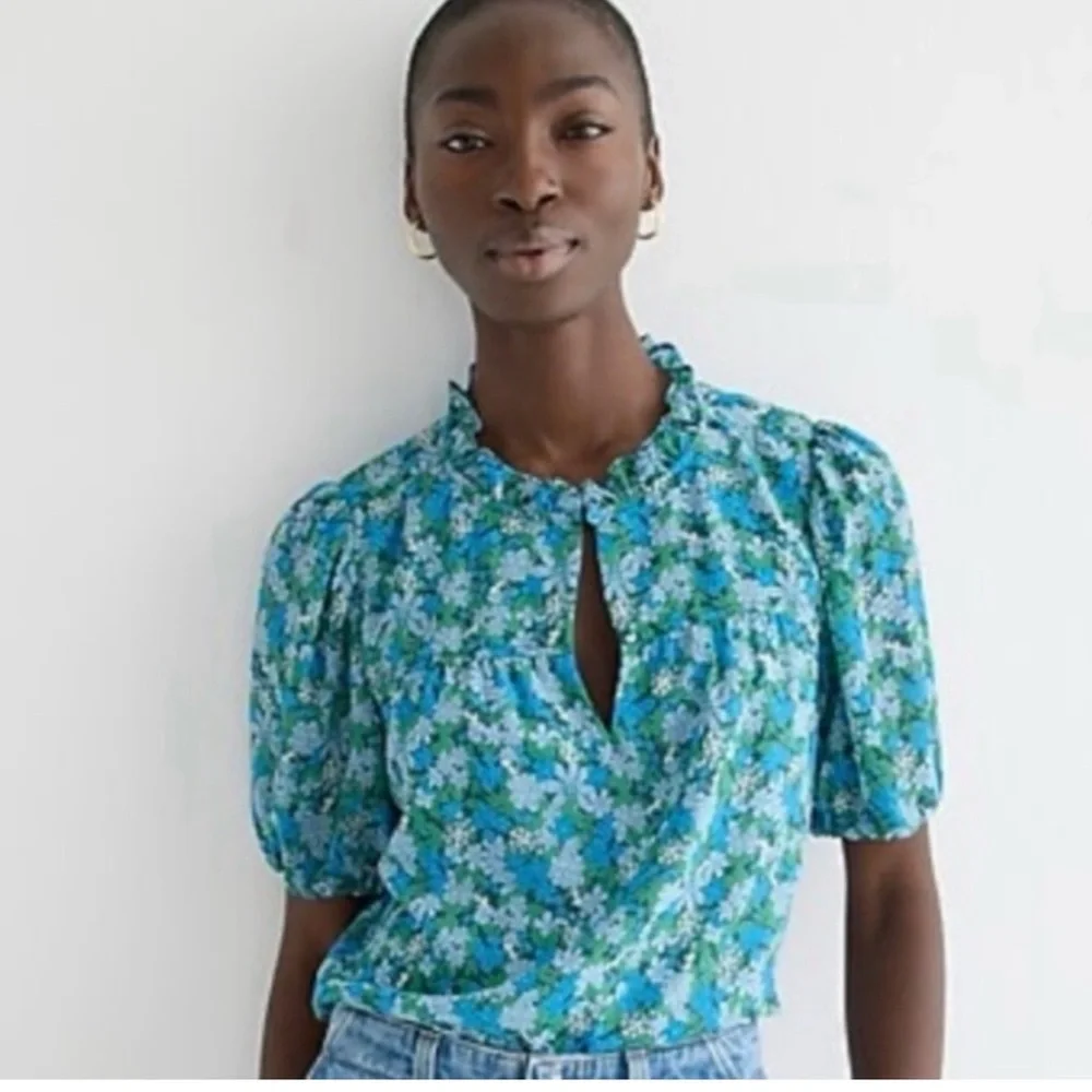 J. Crew Blue Green Floral Puff-Sleeve Blouse